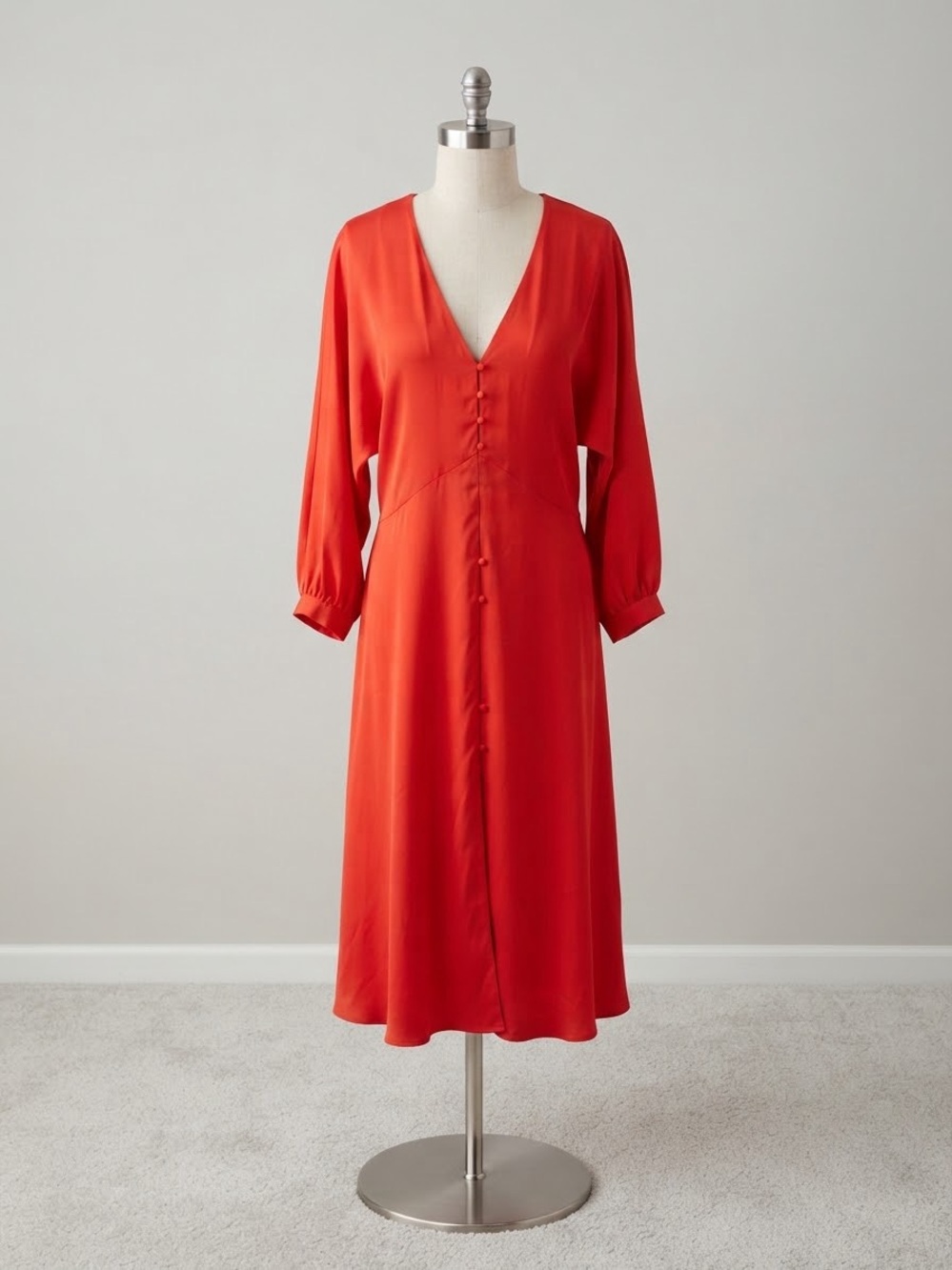 Express V-Neck Button-Front Midi Dress in Orange-Red